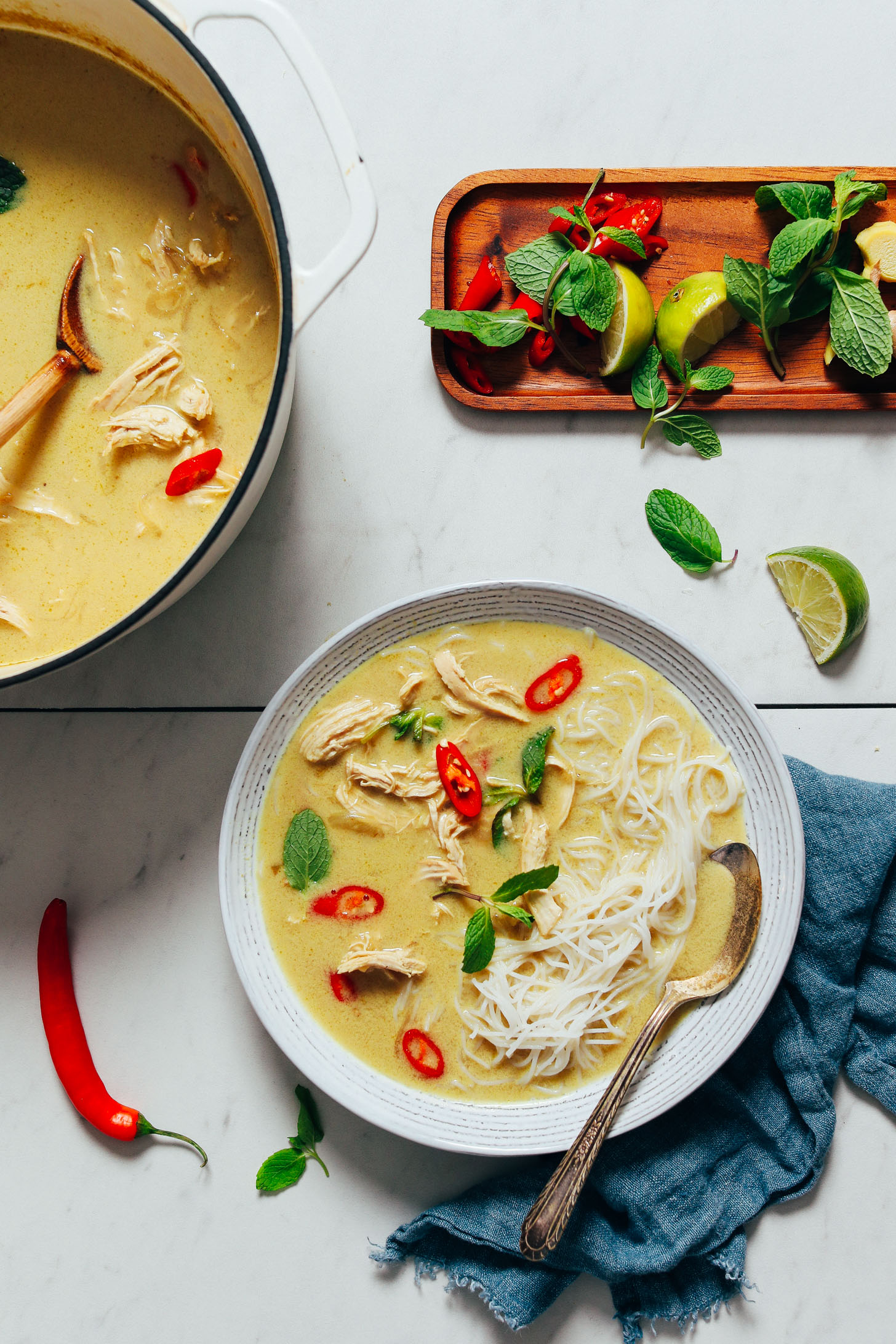 Bowl and pot of Thai-Inspired Chicken Noodle Soup next to fresh mint, ginger, chilies, and lime for topping