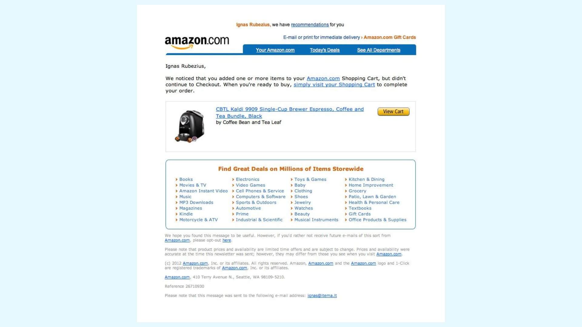 Amazon Abandoned Cart Email Example