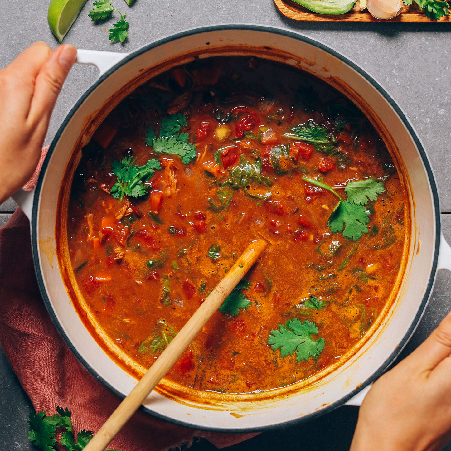 Big soup pot filled with our Pumpkin Black Bean Chili recipe