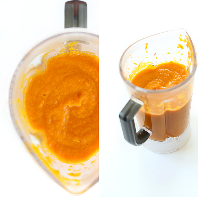 Freshly pureed vegan creamy carrot soup