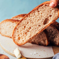 Holding up a slice of a gluten-free artisan-style bread