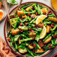 Overhead shot of a bowl of our french style green bean potato salad recipe