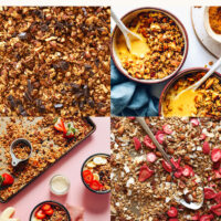 Photos of easy homemade granola recipes including almond joy, golden milk, aquafaba, strawberry coconut, quinoa, and buckwheat recipes