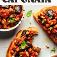 Photo of slices of toasted bread topped with caponata with text saying white bean eggplant caponata made with just 1 pan