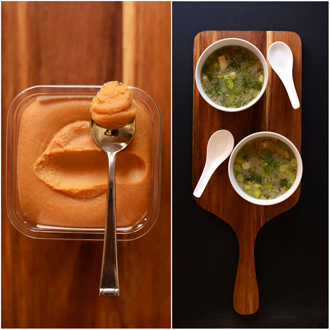 Miso paste and bowls of homemade miso soup