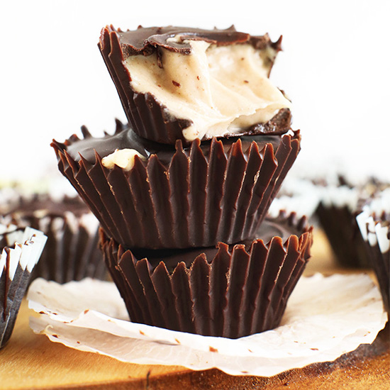 Stack of homemade Vegan Peanut Butter Mousse Cups