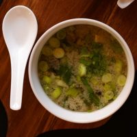 Bowl of Simple Miso Soup made with greens and tofu