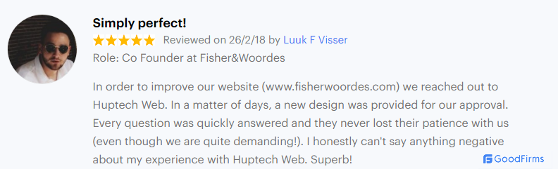 Client review on GoodFirms for Huptech Web